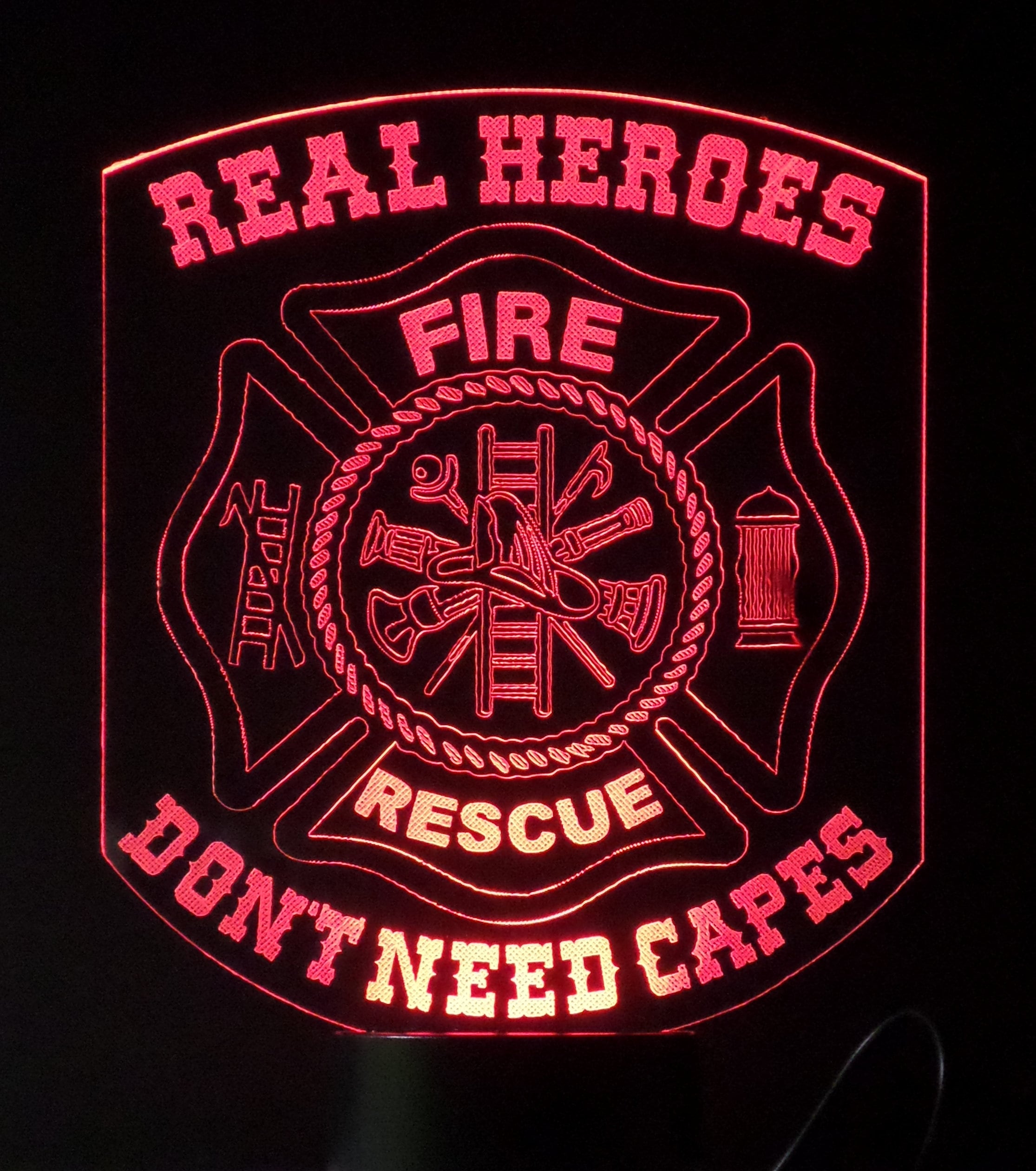 Awesome "Real Heroes - Don't Need Capes" Fire Rescue Maltese Cross LED Lamp (1096) - FREE SHIPPING!